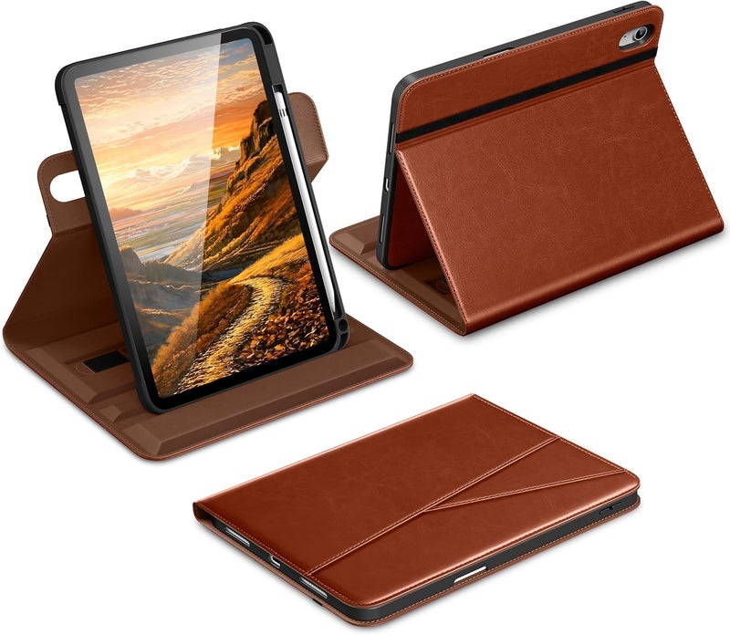 DTTO for iPad A16 Case, iPad 11th / 10th Generation Case (2025/2022), 360 Degree Rotating Premium Leather Folio Stand Cover with Pencil Holder, Brown - Image 1